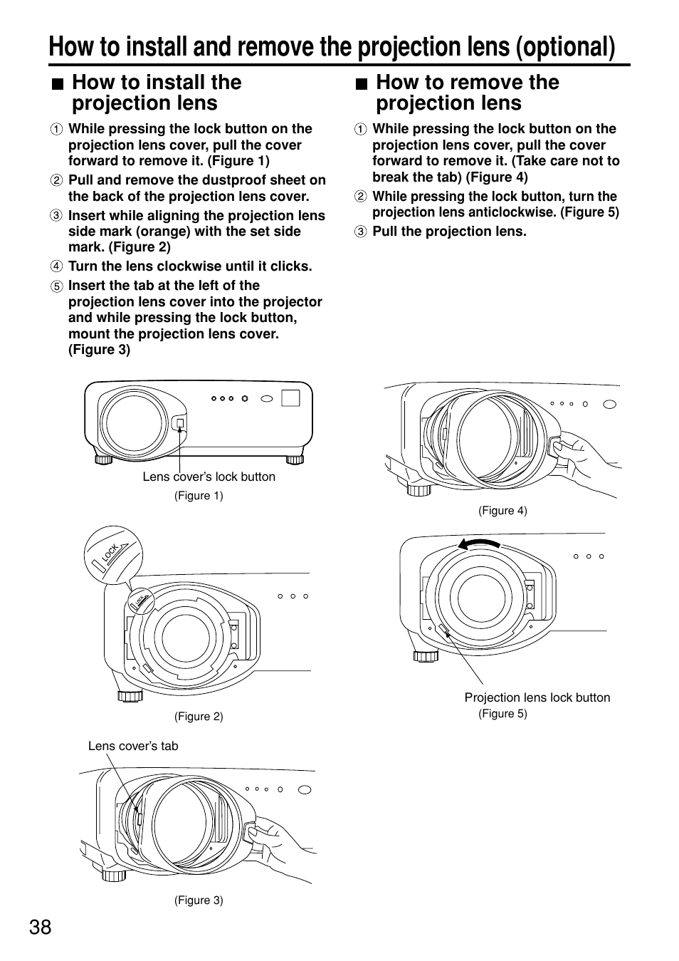 How to install the projection lens, How to remove the projection lens | Panasonic PT-D7600U User Manual | Page 38 / 112