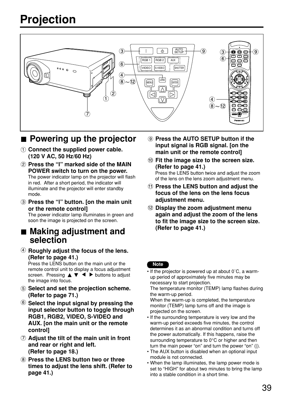 Projection, 39 powering up the projector, Making adjustment and selection | Panasonic PT-D7600U User Manual | Page 39 / 112