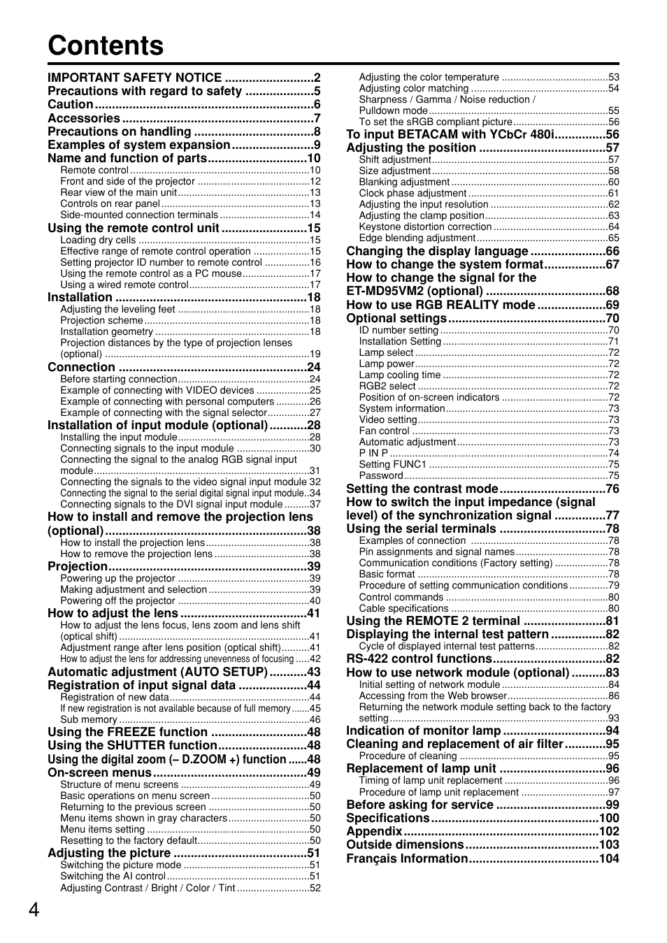 Panasonic PT-D7600U User Manual | Page 4 / 112