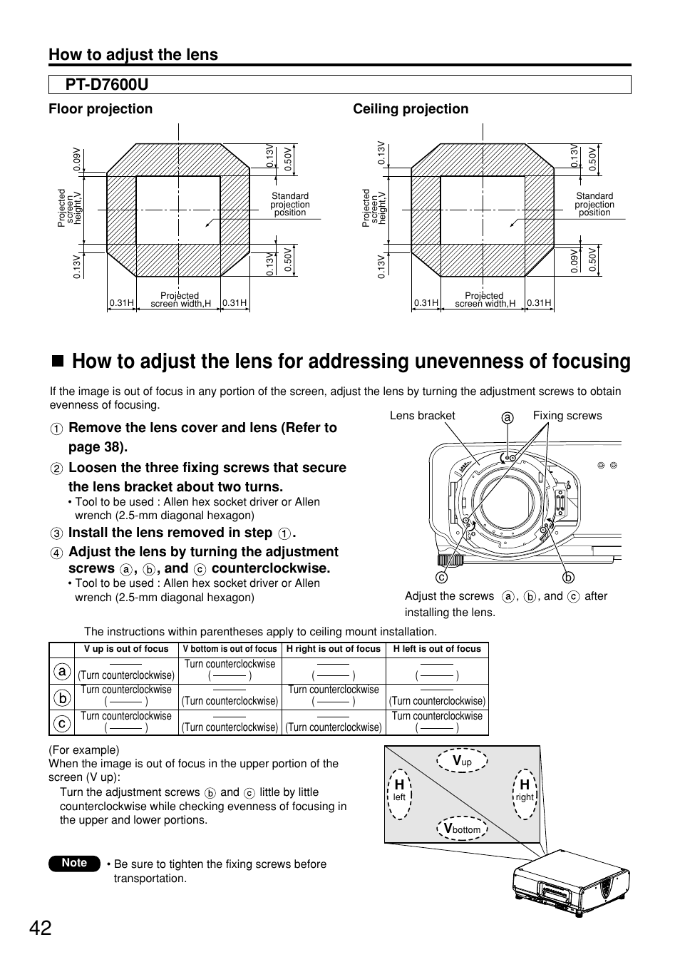 How to adjust the lens, Pt-d7600u, Floor projection | Ceiling projection | Panasonic PT-D7600U User Manual | Page 42 / 112