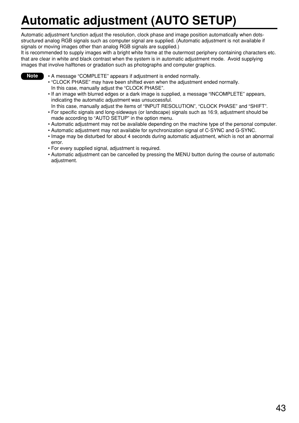 Automatic adjustment (auto setup) | Panasonic PT-D7600U User Manual | Page 43 / 112