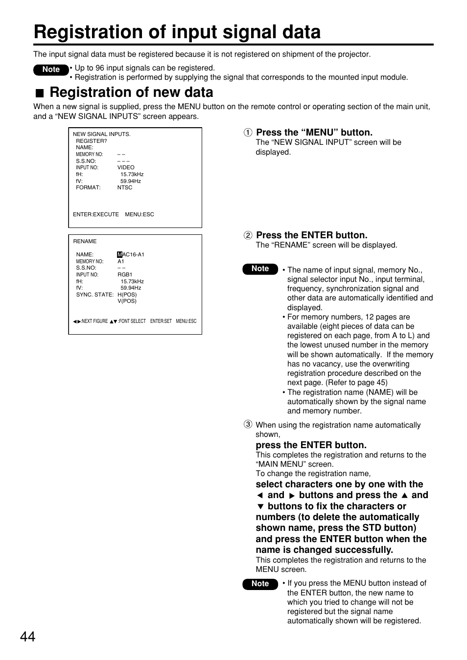 Registration of input signal data, Registration of new data, Press the “menu” button | Press the enter button | Panasonic PT-D7600U User Manual | Page 44 / 112