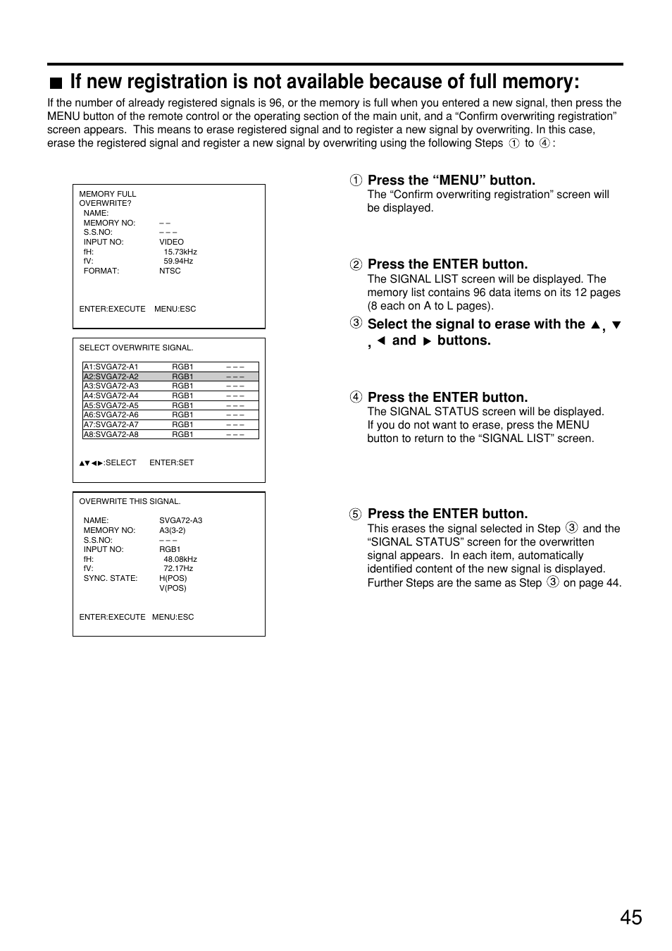 Press the “menu” button, Press the enter button | Panasonic PT-D7600U User Manual | Page 45 / 112
