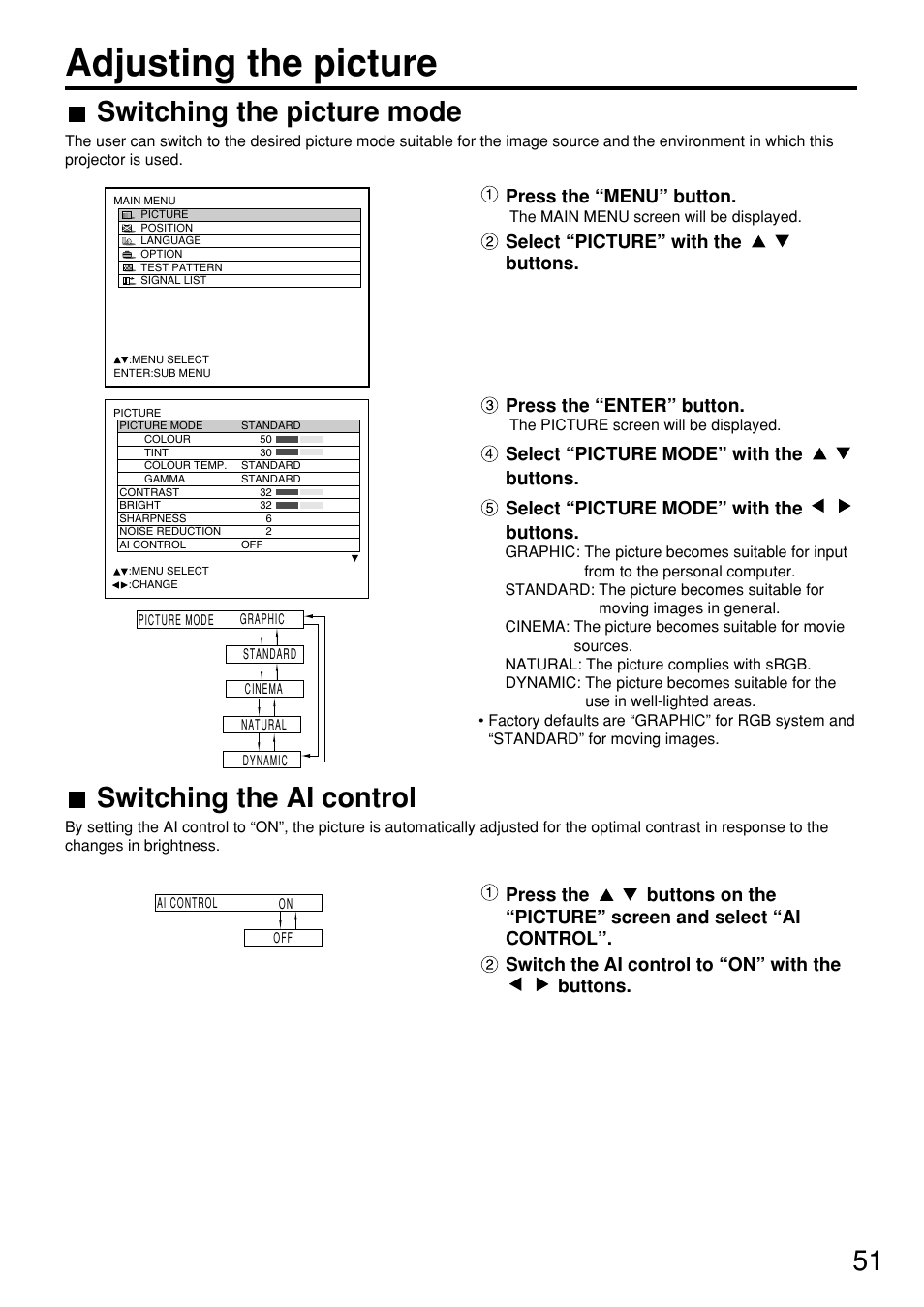 Adjusting the picture, Switching the picture mode, Switching the ai control | Press the “menu” button, Select “picture mode” with the buttons | Panasonic PT-D7600U User Manual | Page 51 / 112