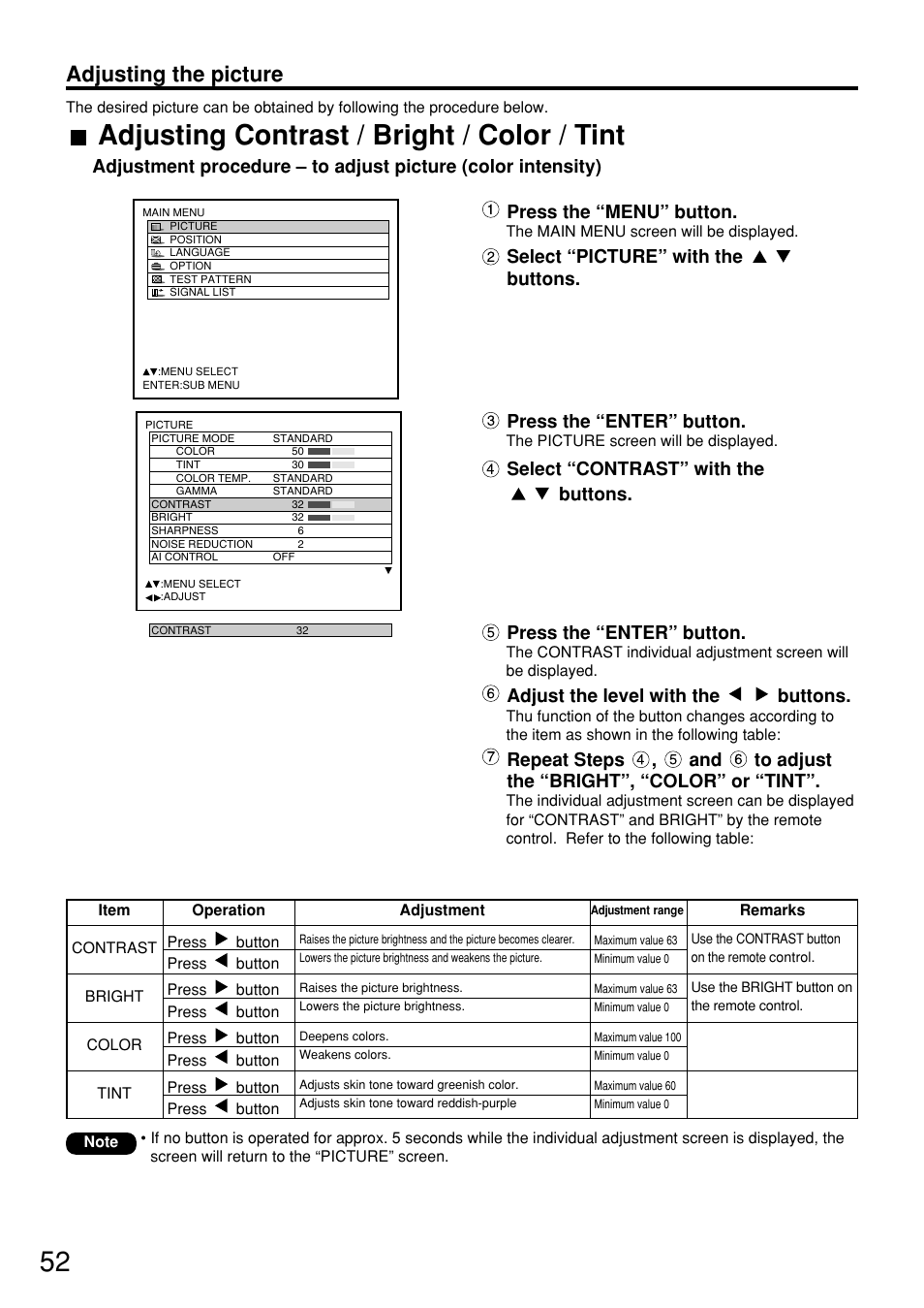 Adjusting contrast / bright / color / tint, Adjusting the picture, Press the “menu” button | Select “picture” with the buttons, Press the “enter” button, Adjust the level with the buttons | Panasonic PT-D7600U User Manual | Page 52 / 112