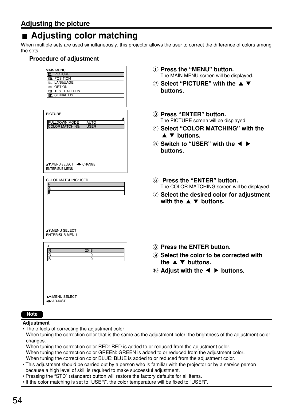 Adjusting color matching, Adjusting the picture | Panasonic PT-D7600U User Manual | Page 54 / 112