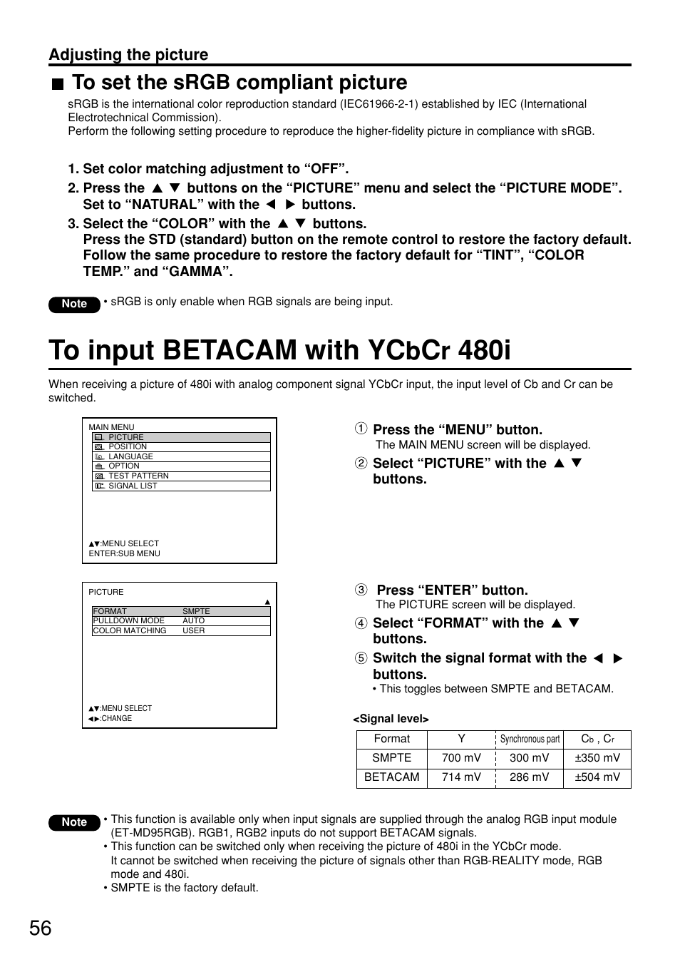 480i, Adjusting the picture | Panasonic PT-D7600U User Manual | Page 56 / 112