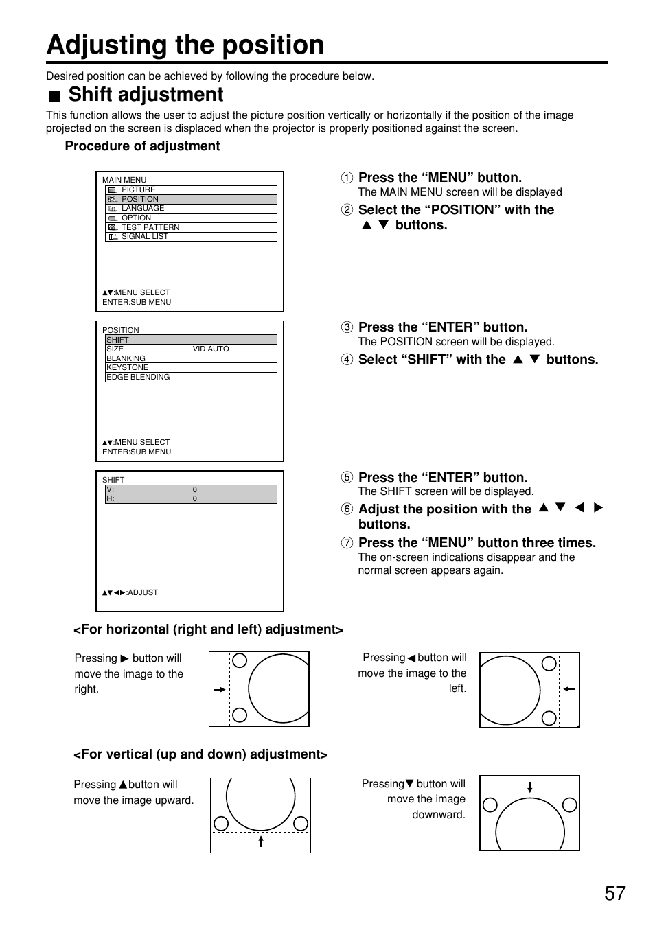 Adjusting the position, Shift adjustment | Panasonic PT-D7600U User Manual | Page 57 / 112