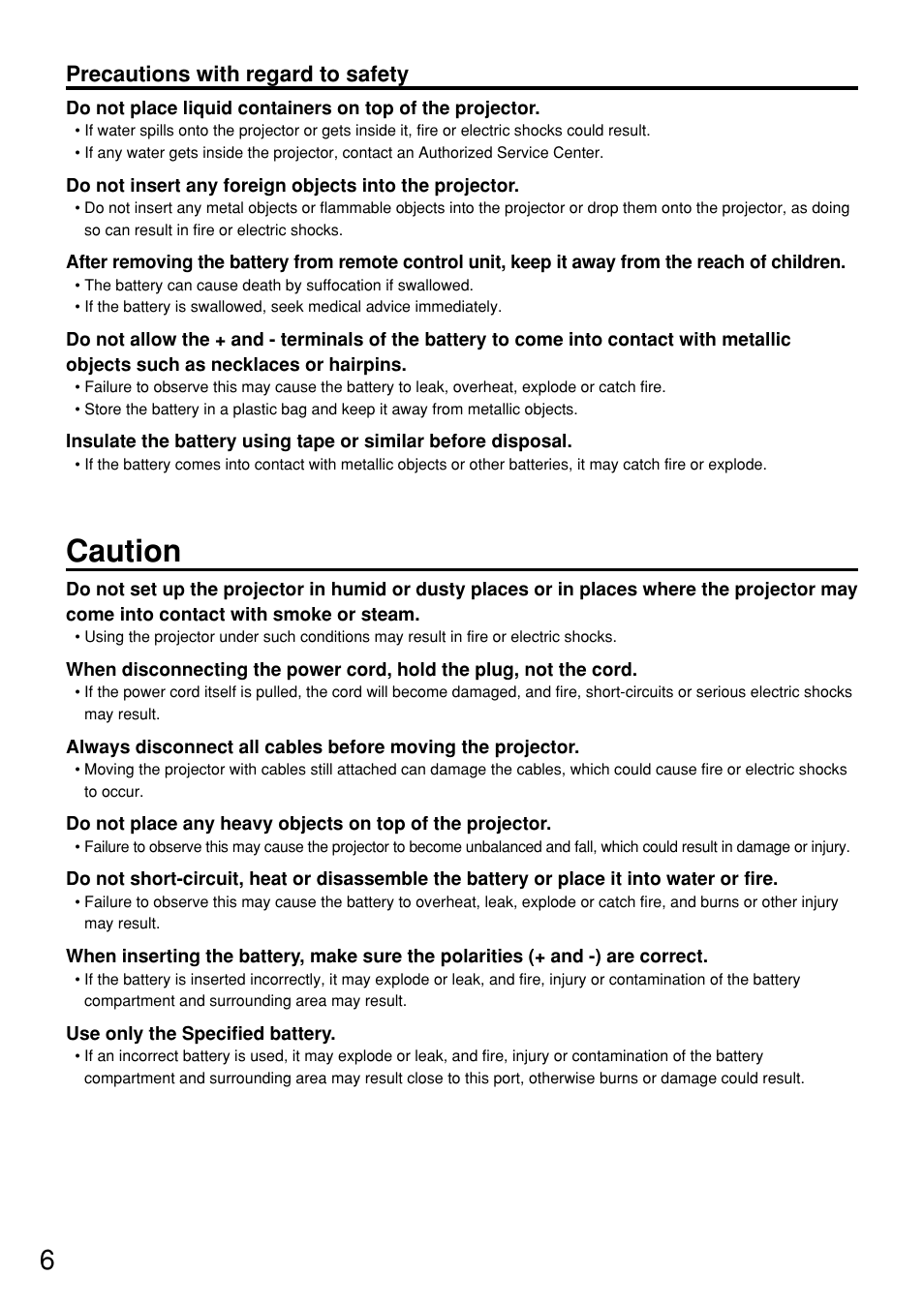 Caution, Precautions with regard to safety | Panasonic PT-D7600U User Manual | Page 6 / 112