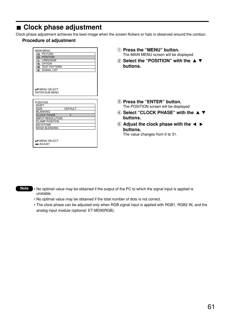 Clock phase adjustment | Panasonic PT-D7600U User Manual | Page 61 / 112