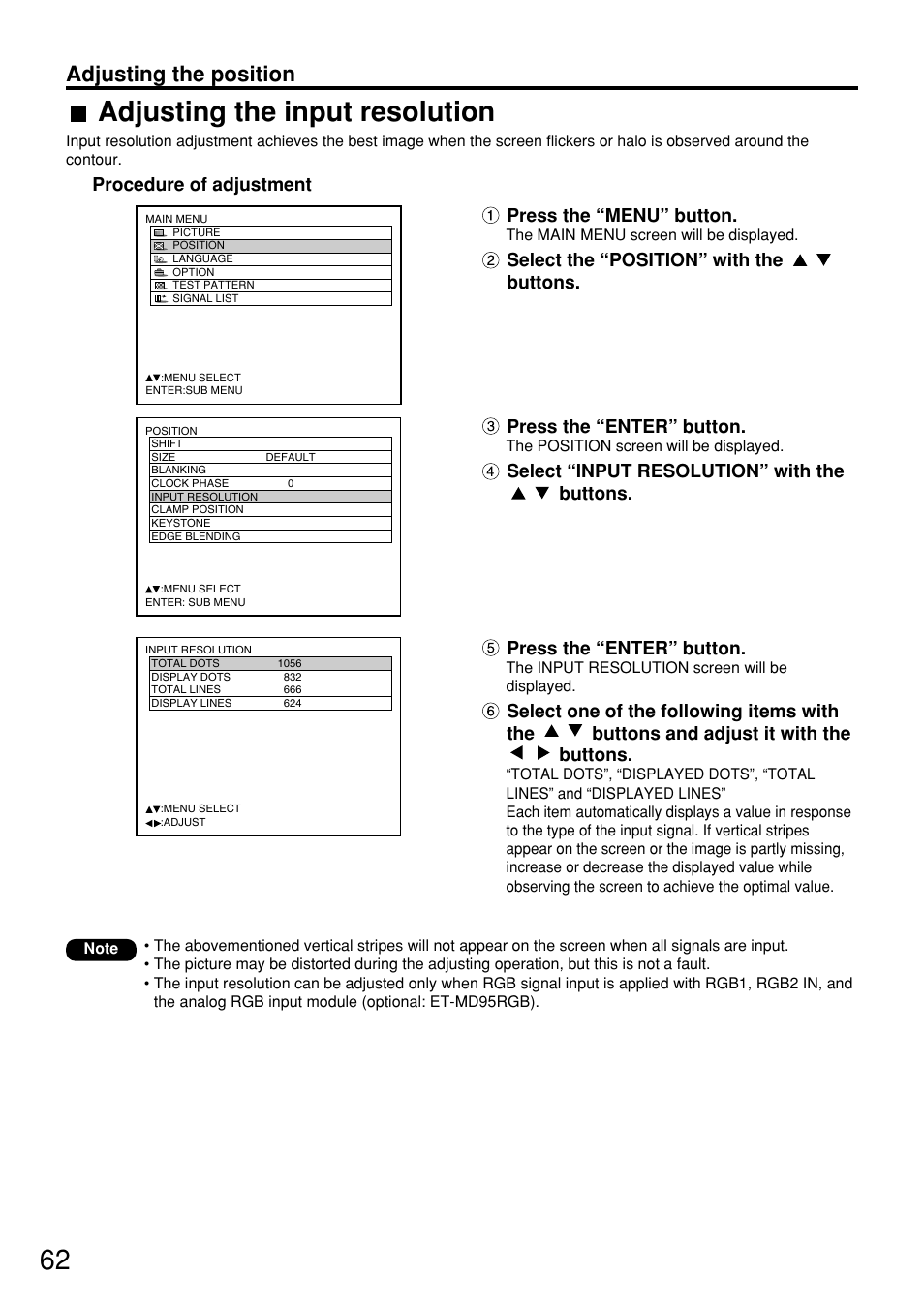 Adjusting the input resolution, Adjusting the position, Press the “enter” button | Procedure of adjustment press the “menu” button, Select “input resolution” with the buttons | Panasonic PT-D7600U User Manual | Page 62 / 112
