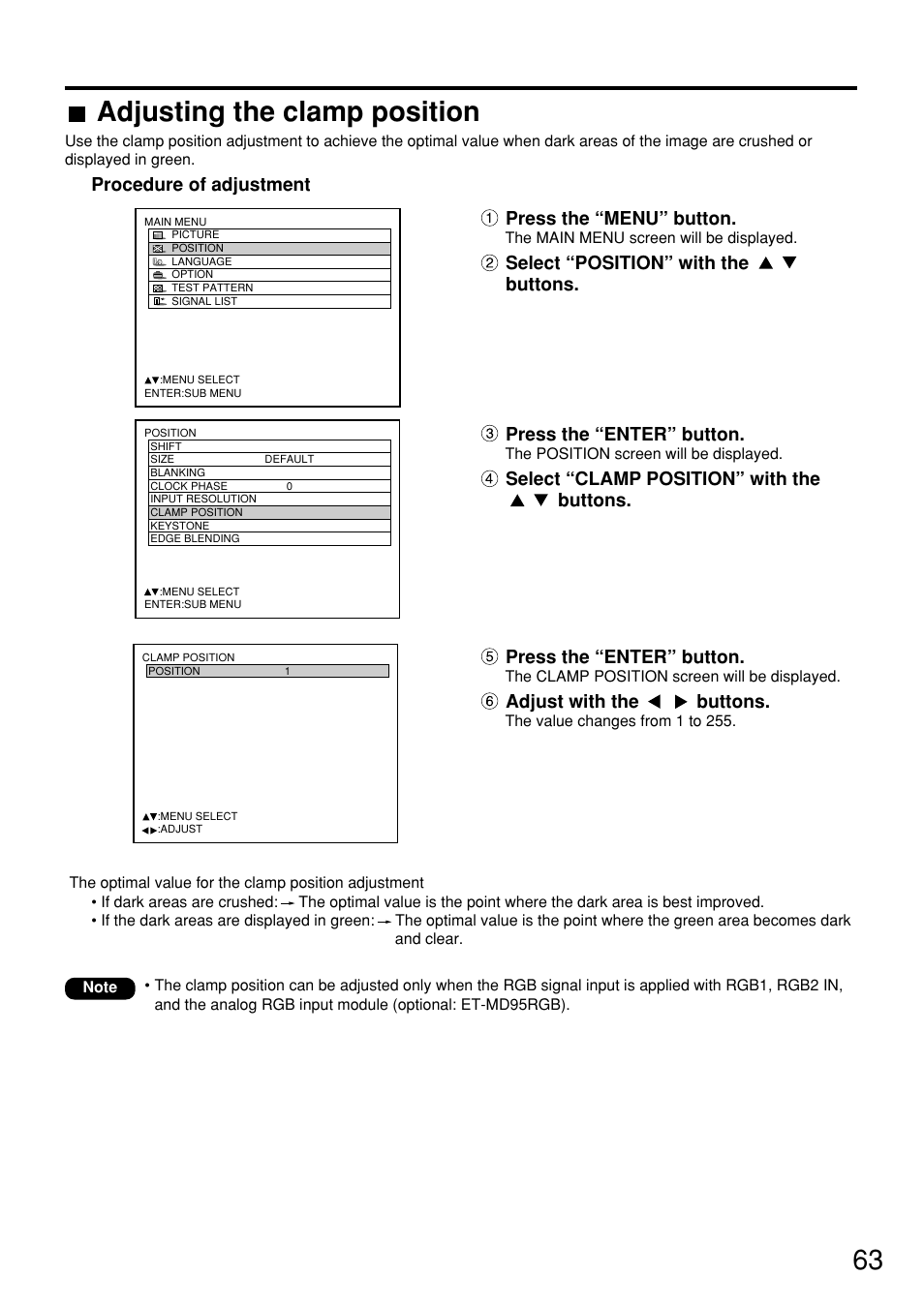 Adjusting the clamp position | Panasonic PT-D7600U User Manual | Page 63 / 112