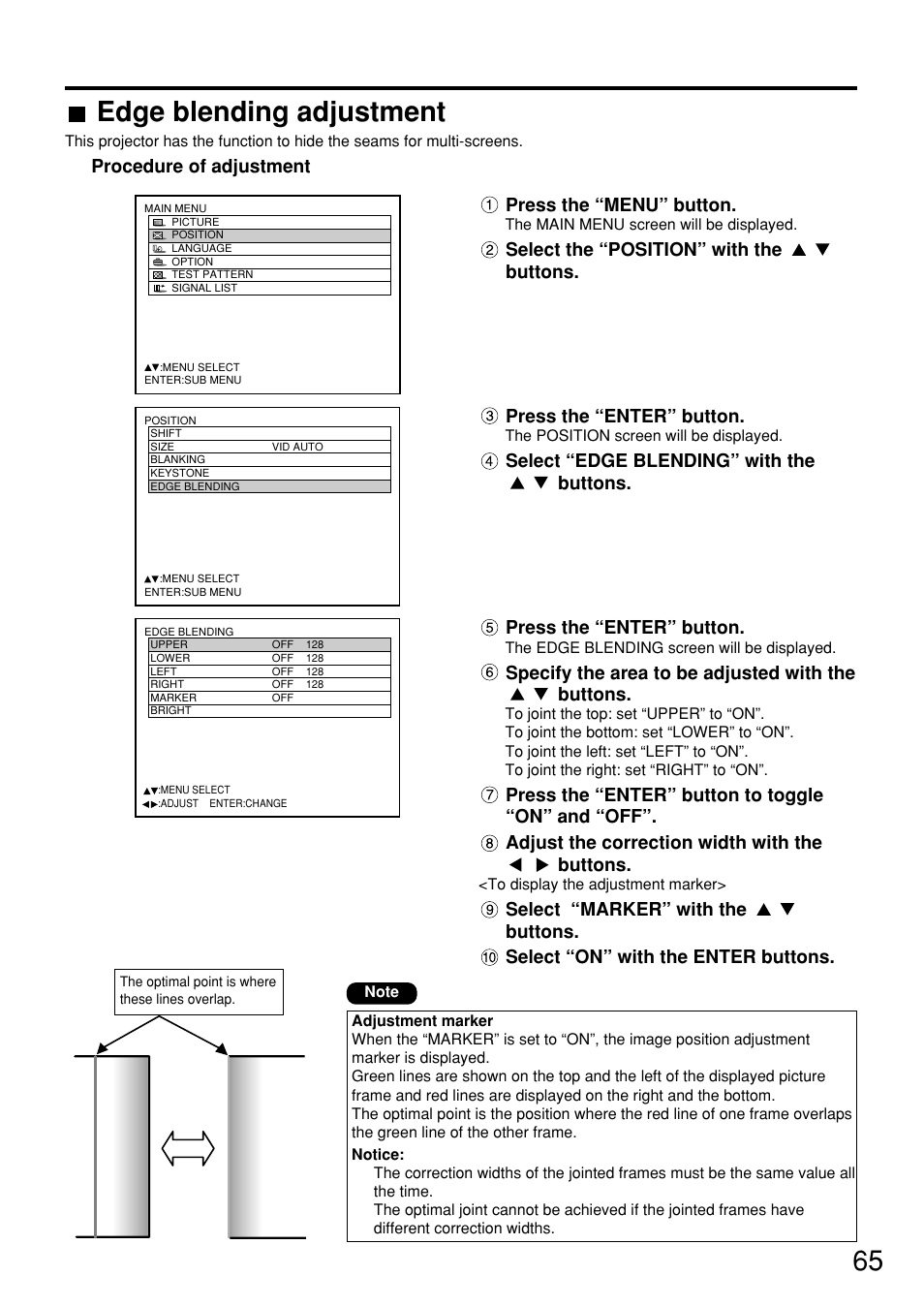 Edge blending adjustment, Press the “enter” button, Specify the area to be adjusted with the buttons | Procedure of adjustment, Press the “menu” button, Select “edge blending” with the buttons | Panasonic PT-D7600U User Manual | Page 65 / 112