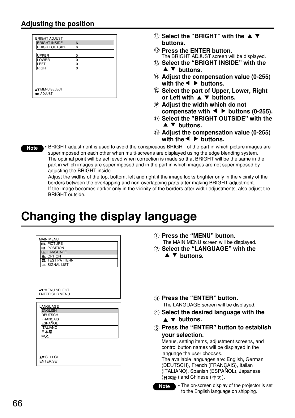 Changing the display language, Adjusting the position | Panasonic PT-D7600U User Manual | Page 66 / 112