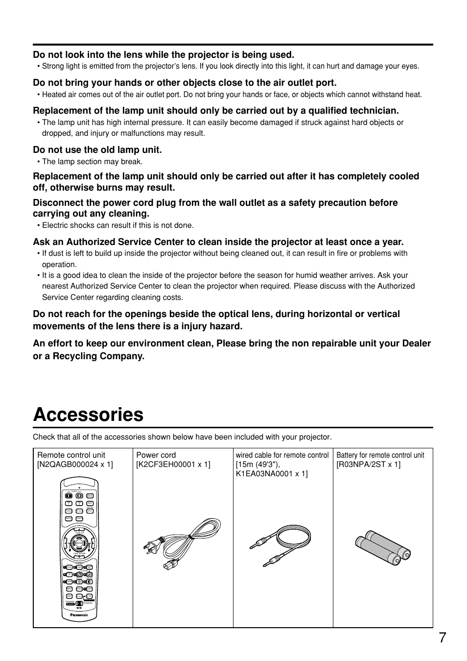 Accessories, Do not use the old lamp unit, Electric shocks can result if this is not done | Panasonic PT-D7600U User Manual | Page 7 / 112