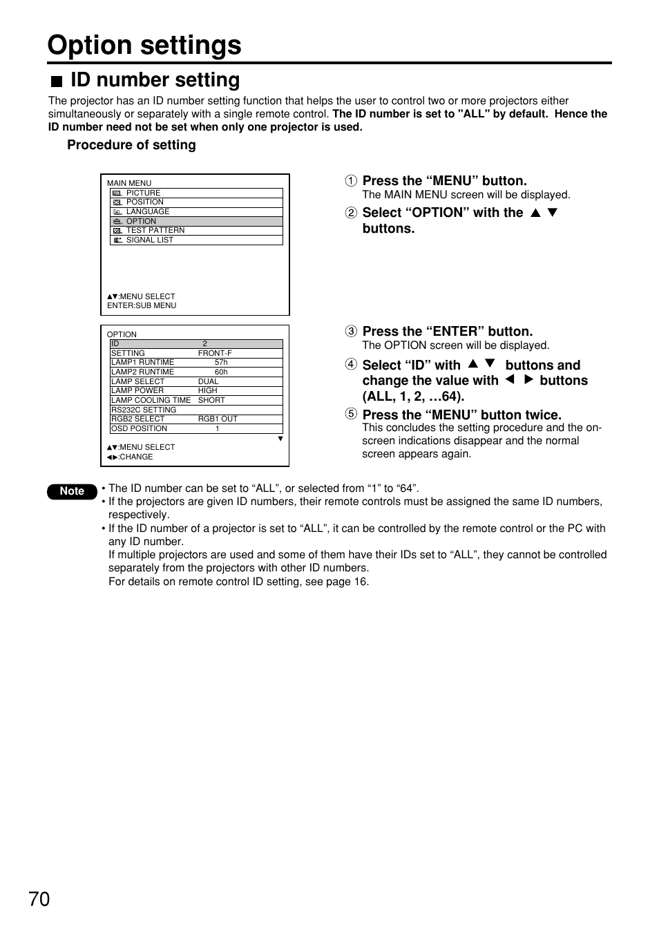 Option settings, Id number setting, Press the “enter” button | Procedure of setting, Press the “menu” button, Select “option” with the buttons | Panasonic PT-D7600U User Manual | Page 70 / 112