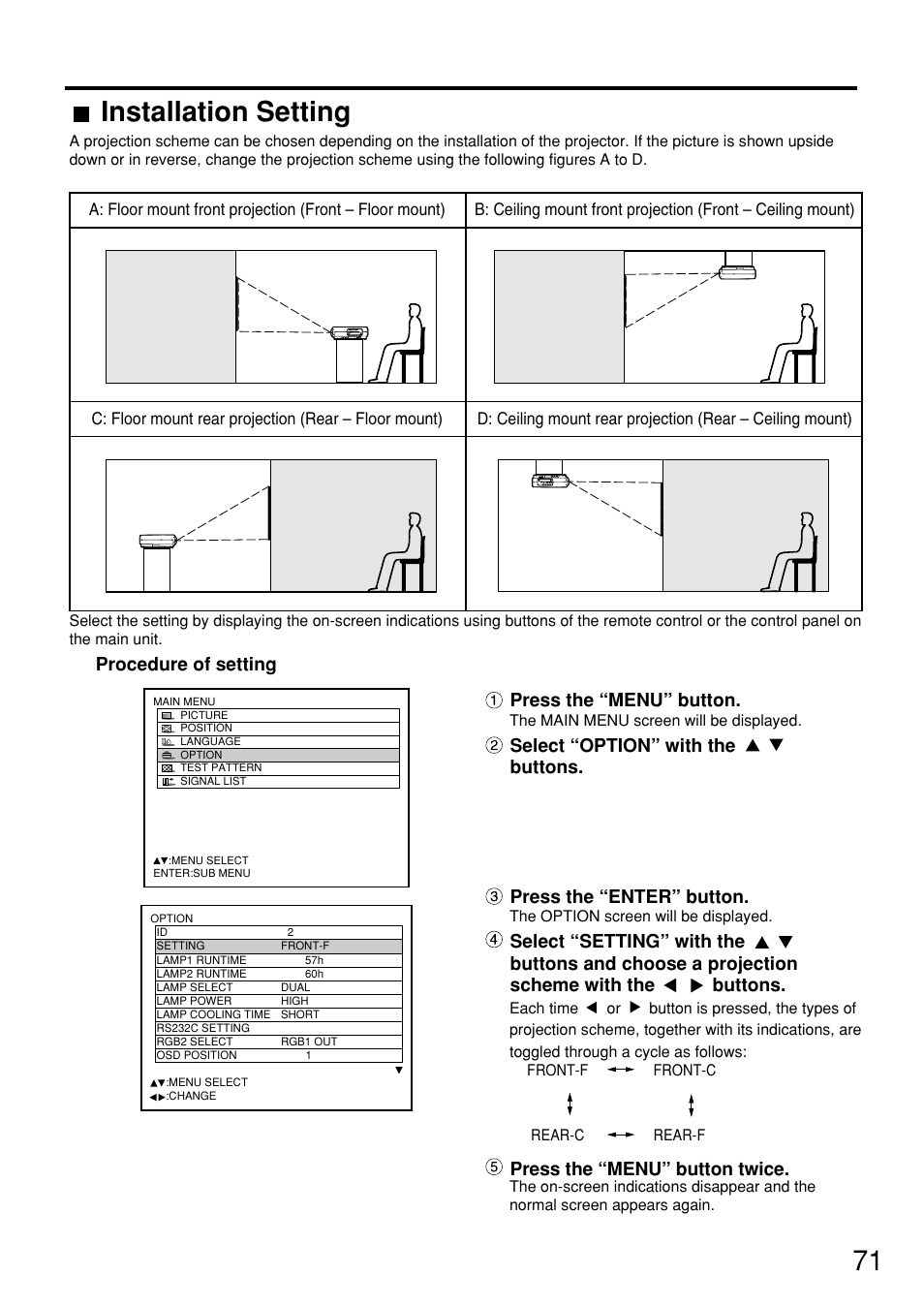 Installation setting, Procedure of setting, Press the “menu” button | Press the “menu” button twice | Panasonic PT-D7600U User Manual | Page 71 / 112