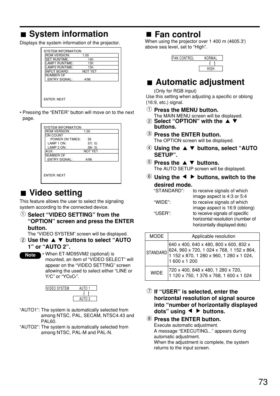 73 system information, Automatic adjustment, Video setting | Fan control, Press the menu button, Using the buttons, switch to the desired mode, Use the buttons to select “auto 1” or “auto 2 | Panasonic PT-D7600U User Manual | Page 73 / 112
