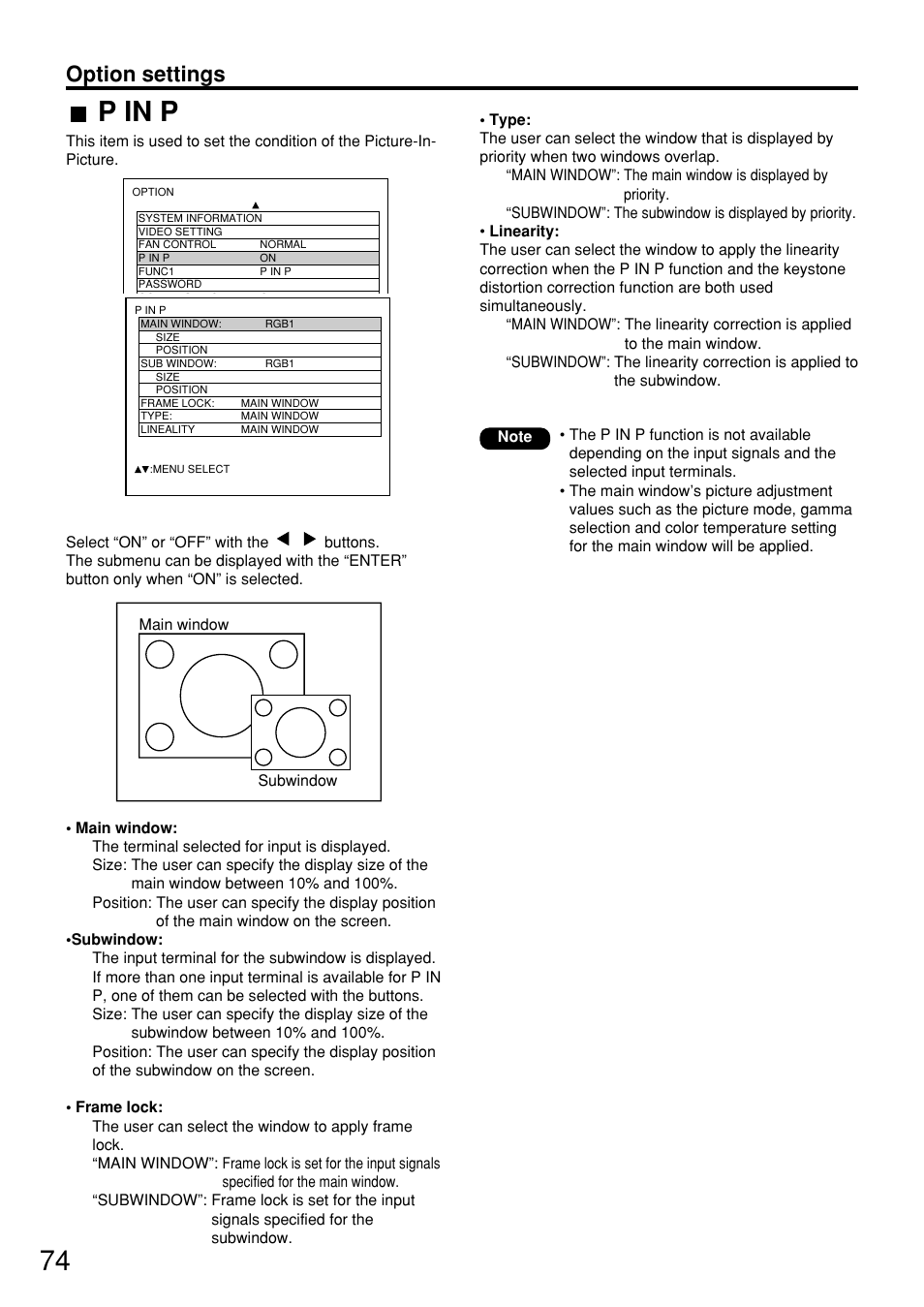 P in p, Option settings | Panasonic PT-D7600U User Manual | Page 74 / 112