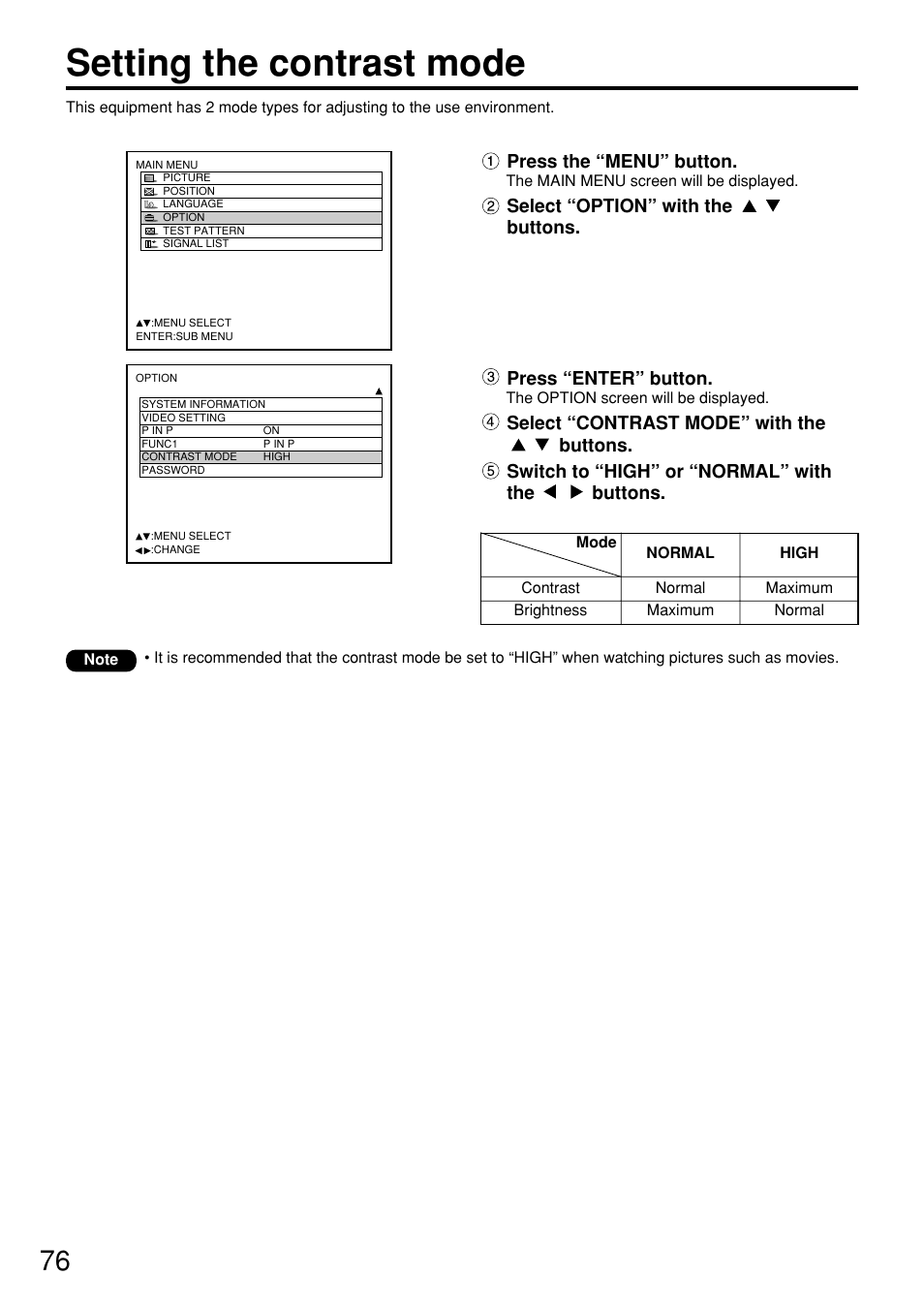 Setting the contrast mode | Panasonic PT-D7600U User Manual | Page 76 / 112