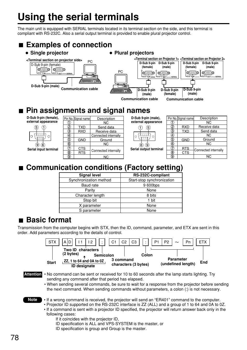 Using the serial terminals, 78 pin assignments and signal names, Examples of connection | Single projector plural projectors | Panasonic PT-D7600U User Manual | Page 78 / 112