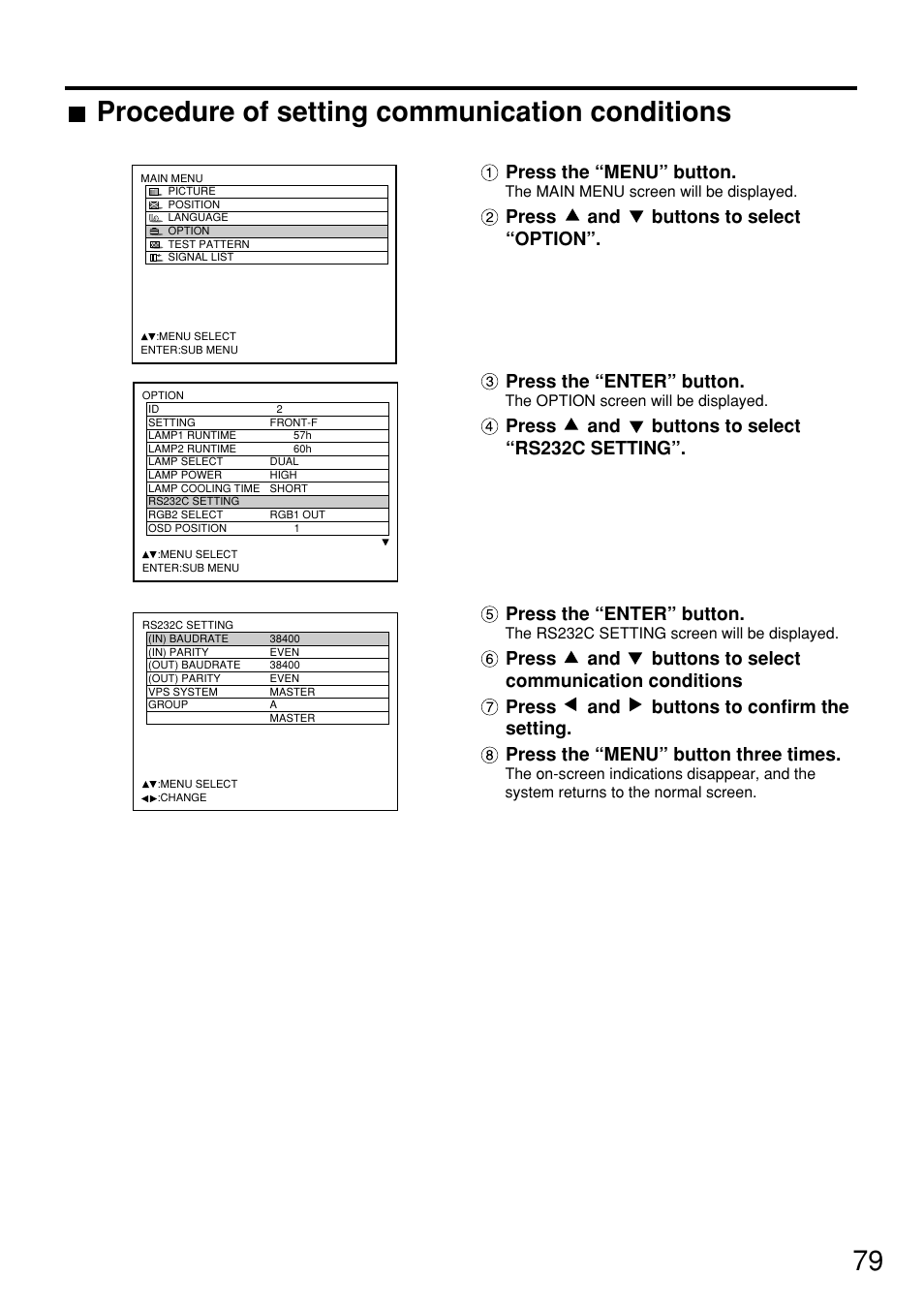 Procedure of setting communication conditions, Press the “menu” button | Panasonic PT-D7600U User Manual | Page 79 / 112