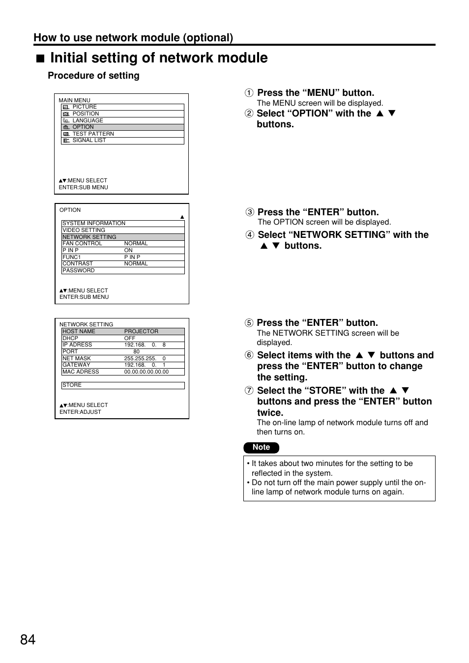 Initial setting of network module, How to use network module (optional), Press the “enter” button | Select “network setting” with the buttons, Procedure of setting, Press the “menu” button, Select “option” with the buttons | Panasonic PT-D7600U User Manual | Page 84 / 112
