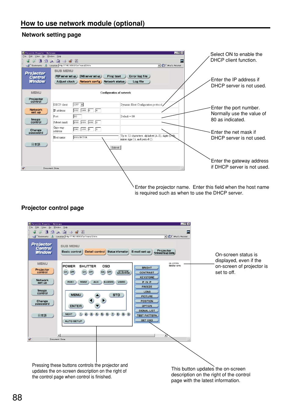 How to use network module (optional) | Panasonic PT-D7600U User Manual | Page 88 / 112