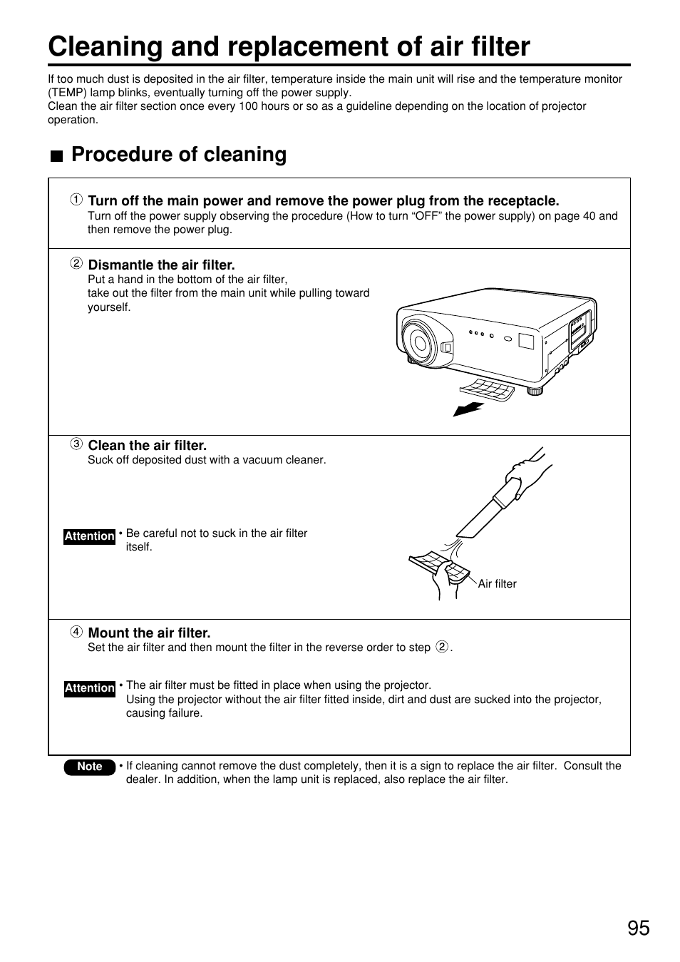 Cleaning and replacement of air filter, Procedure of cleaning | Panasonic PT-D7600U User Manual | Page 95 / 112