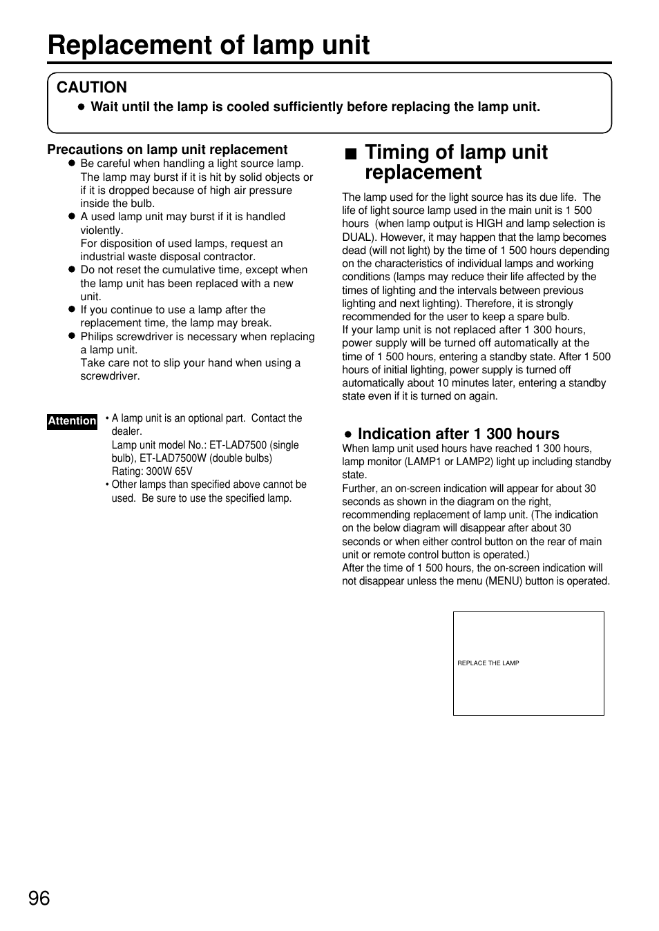 Replacement of lamp unit, Timing of lamp unit replacement | Panasonic PT-D7600U User Manual | Page 96 / 112