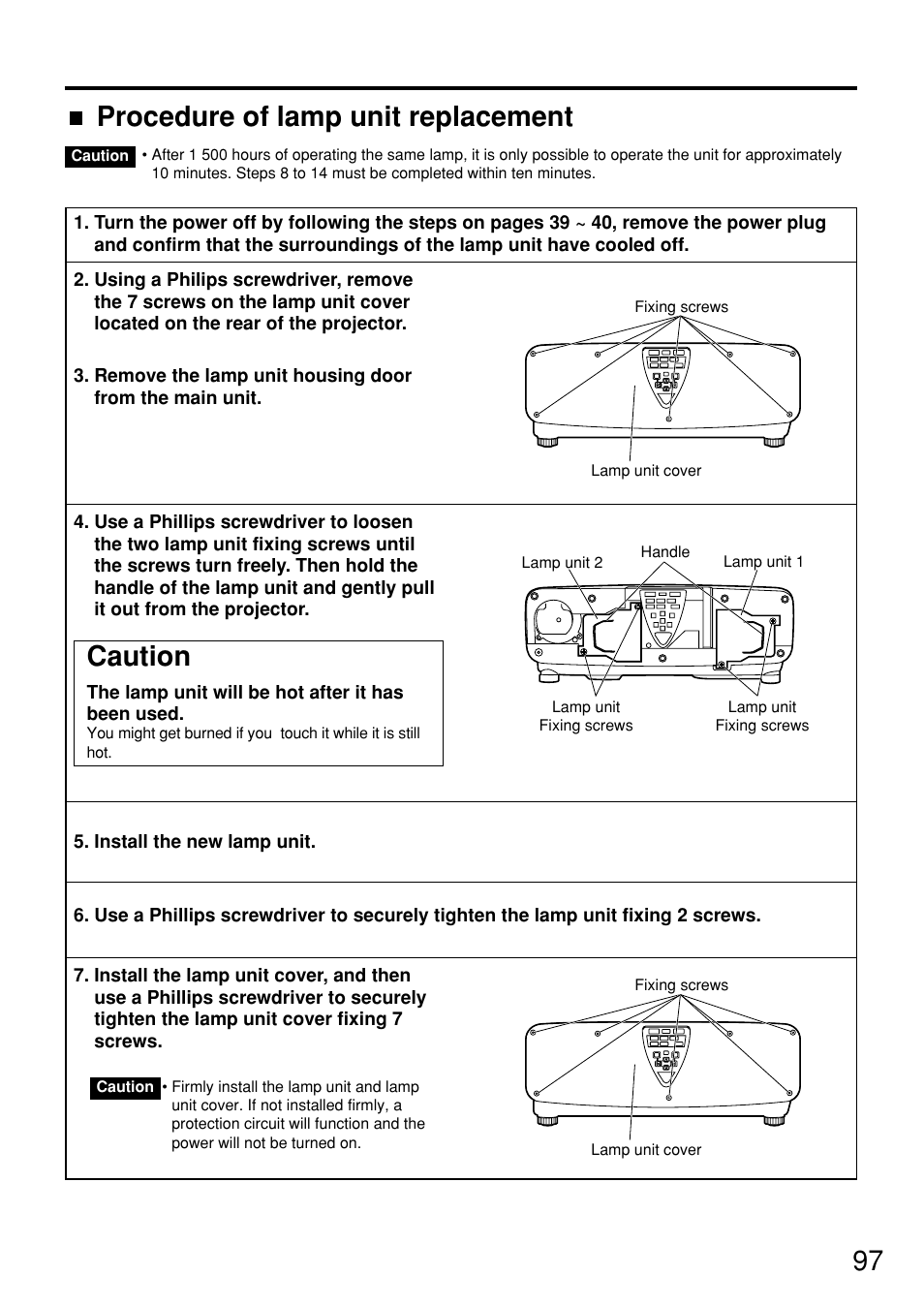 Caution, Procedure of lamp unit replacement | Panasonic PT-D7600U User Manual | Page 97 / 112