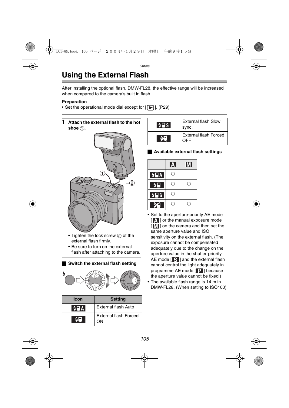 Using the external flash | Panasonic DMC-LC1GN User Manual | Page 105 / 128