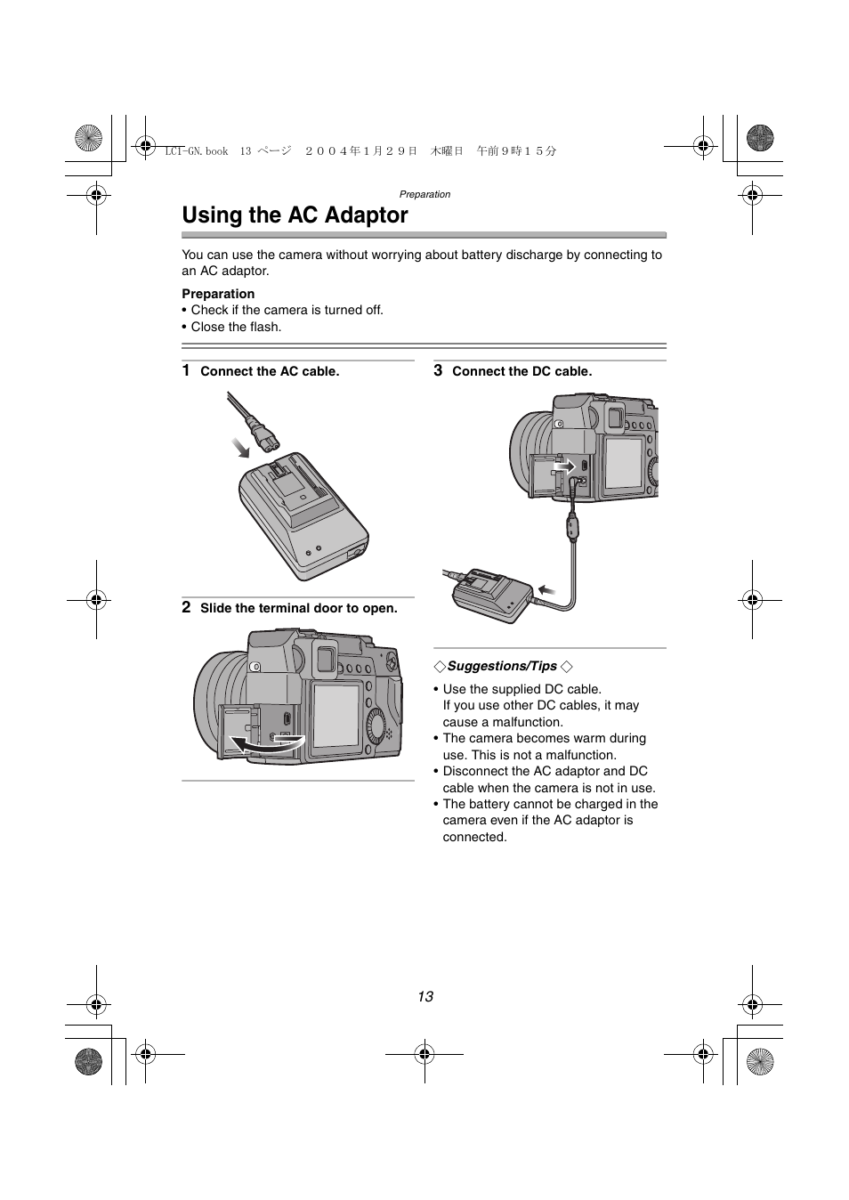 Using the ac adaptor | Panasonic DMC-LC1GN User Manual | Page 13 / 128