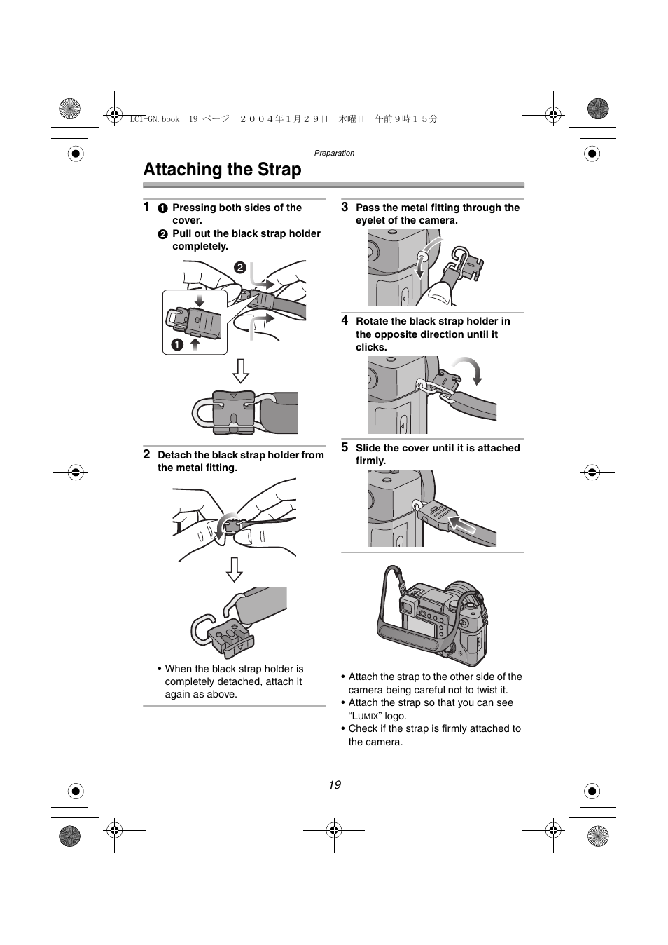 Attaching the strap | Panasonic DMC-LC1GN User Manual | Page 19 / 128