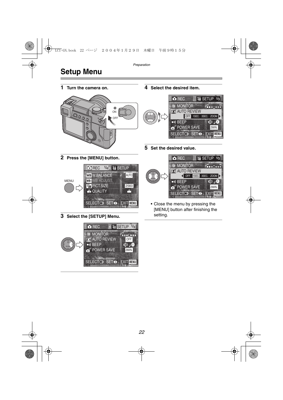 Setup menu | Panasonic DMC-LC1GN User Manual | Page 22 / 128