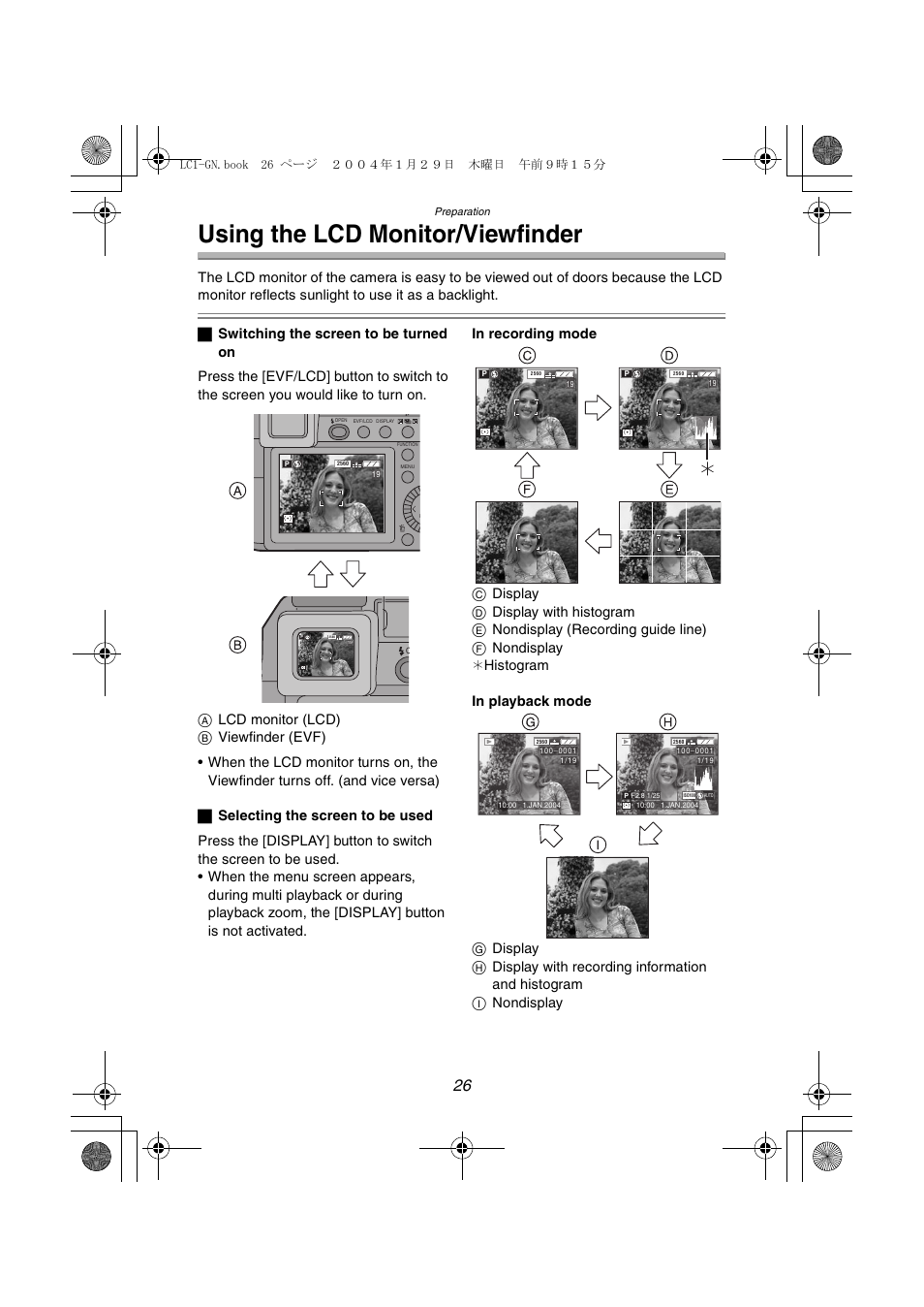 Using the lcd monitor/viewfinder | Panasonic DMC-LC1GN User Manual | Page 26 / 128