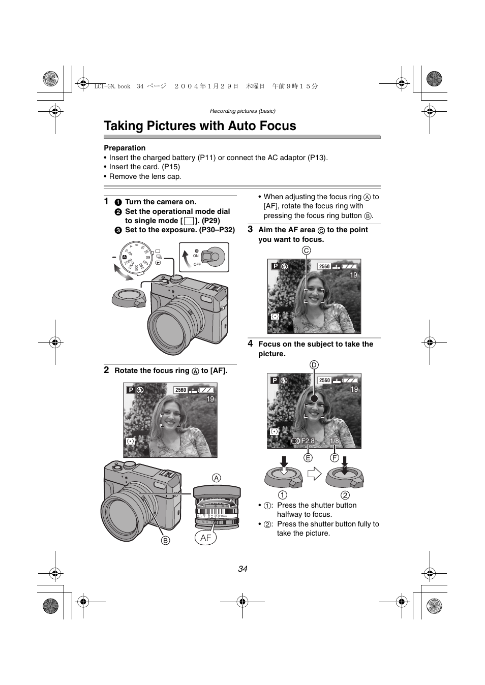 Taking pictures with auto focus, Aim the af area c to the point you want to focus | Panasonic DMC-LC1GN User Manual | Page 34 / 128