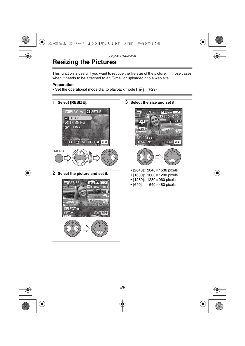 Resizing the pictures | Panasonic DMC-LC1GN User Manual | Page 89 / 128