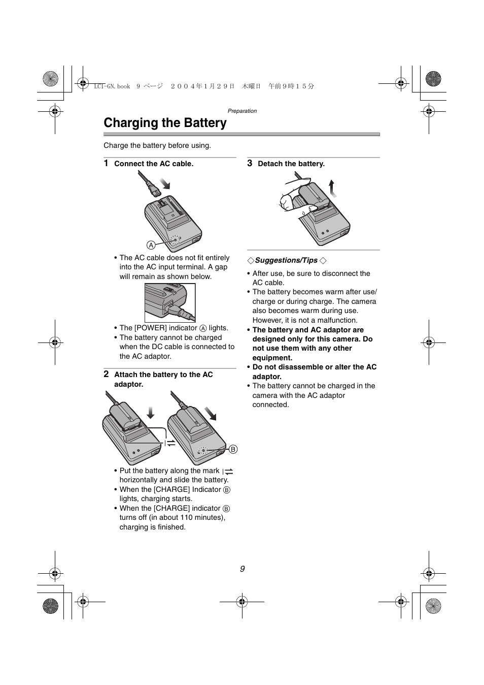 Charging the battery | Panasonic DMC-LC1GN User Manual | Page 9 / 128