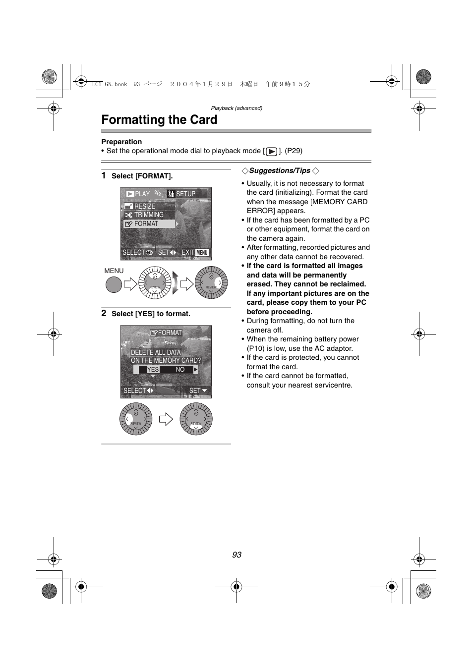 Formatting the card | Panasonic DMC-LC1GN User Manual | Page 93 / 128