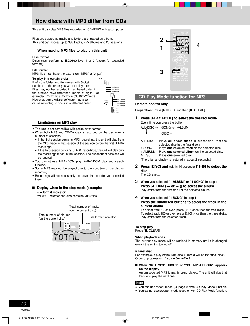 How discs with mp3 differ from cds, Cd play mode function for mp3, Cassette deck operations | Remote control only, Press [play mode] to select the desired mode, Press [disc] and, 1]–[5] to select the disc, Press [album ( or )] to select the album, When making mp3 files to play on this unit, Limitations on mp3 play | Panasonic SC-AK410 User Manual | Page 10 / 20