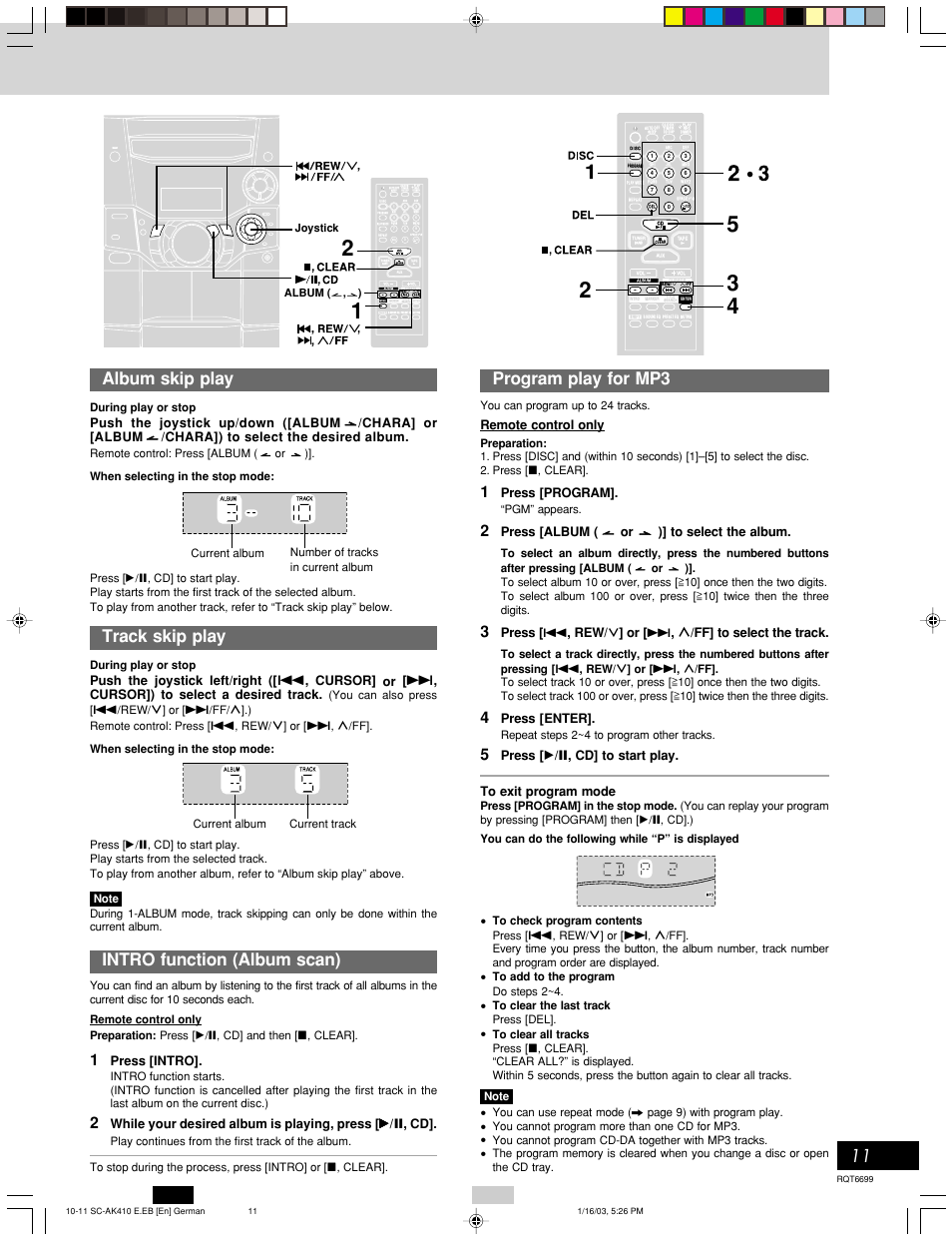 11 album skip play, Track skip play, Intro function (album scan) | Program play for mp3, Recording operations cassette deck operations, Press [intro, Remote control only, Press [program, Press [album ( or )] to select the album, Press | Panasonic SC-AK410 User Manual | Page 11 / 20