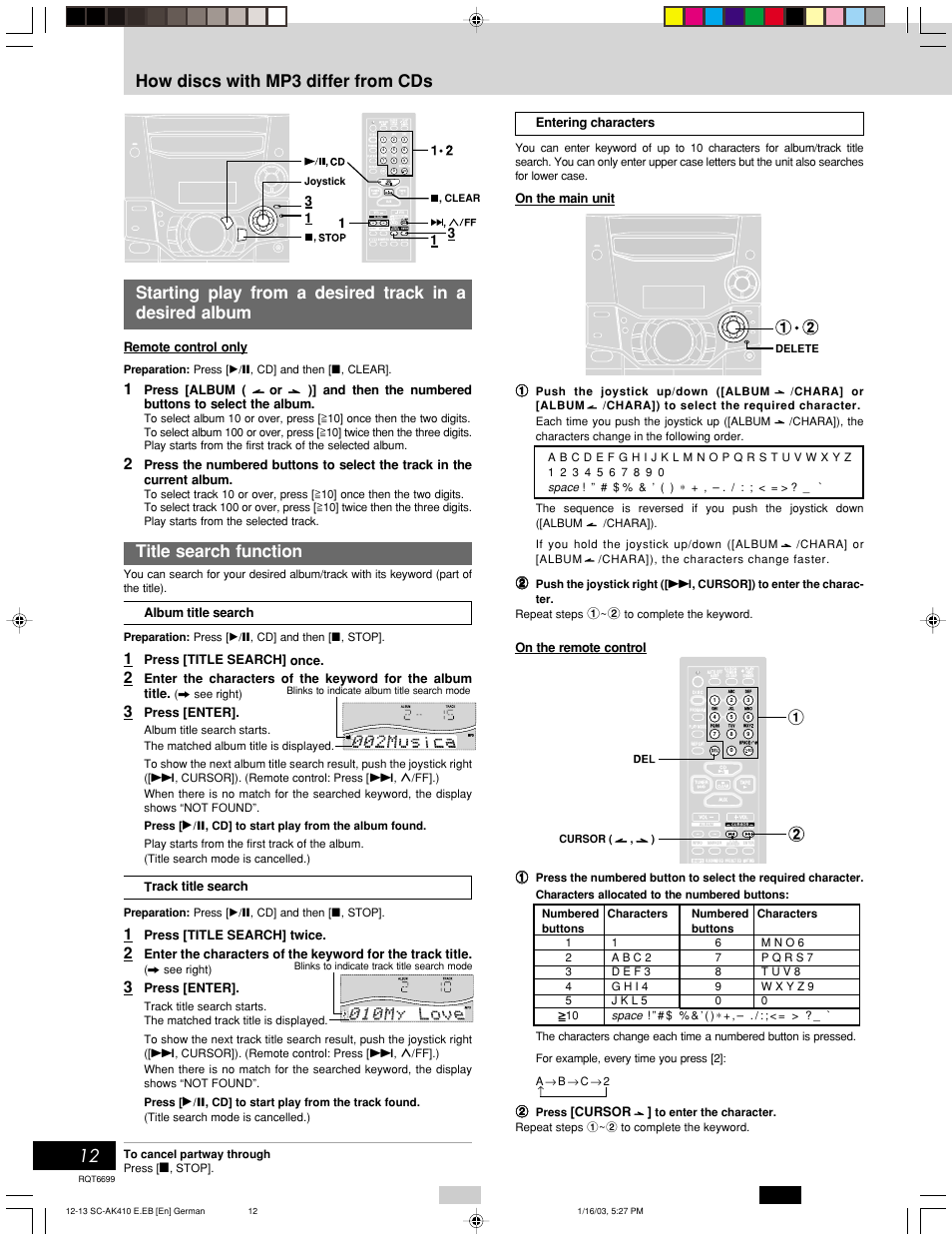 12 how discs with mp3 differ from cds, Title search function, Cassette deck operations | On the remote control, Remote control only, Press [album ( or )] and then, The numbered buttons to select the album, Album title search, Press [title search] once, Press [enter | Panasonic SC-AK410 User Manual | Page 12 / 20