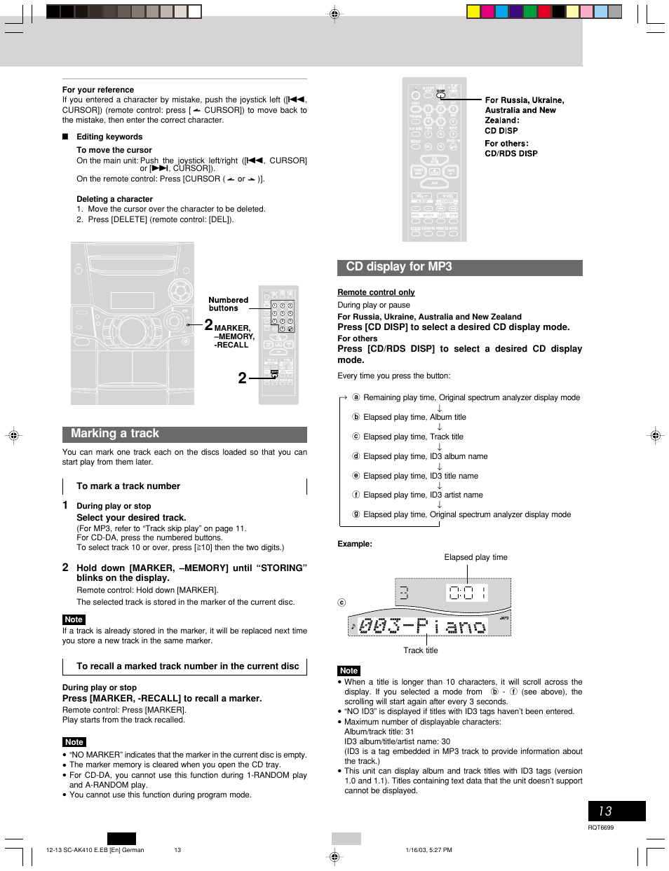 13 cd display for mp3, Marking a track, Recording operations cassette deck operations | Press [marker, -recall] to recall a marker, Select your desired track, For others, During play or stop, You cannot use this function during program mode, Elapsed play time track title | Panasonic SC-AK410 User Manual | Page 13 / 20