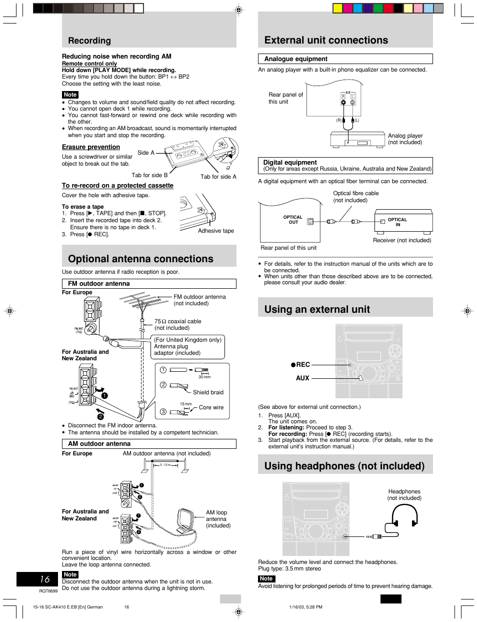 External unit connections, Using an external unit, Using headphones (not included) | Optional antenna connections, 16 recording | Panasonic SC-AK410 User Manual | Page 16 / 20