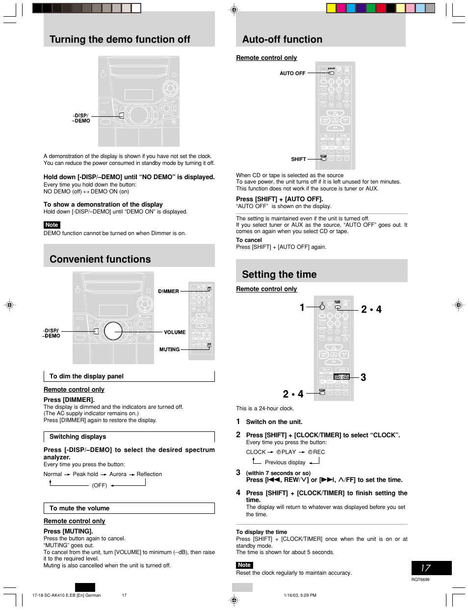 Turning the demo function off, Timer operations, Reference | Remote control only, Press [shift] + [auto off, Switch on the unit, Press [shift] + [clock/timer] to select “clock, Every time you press the button, Within 7 seconds or so), Previous display clock rec play | Panasonic SC-AK410 User Manual | Page 17 / 20