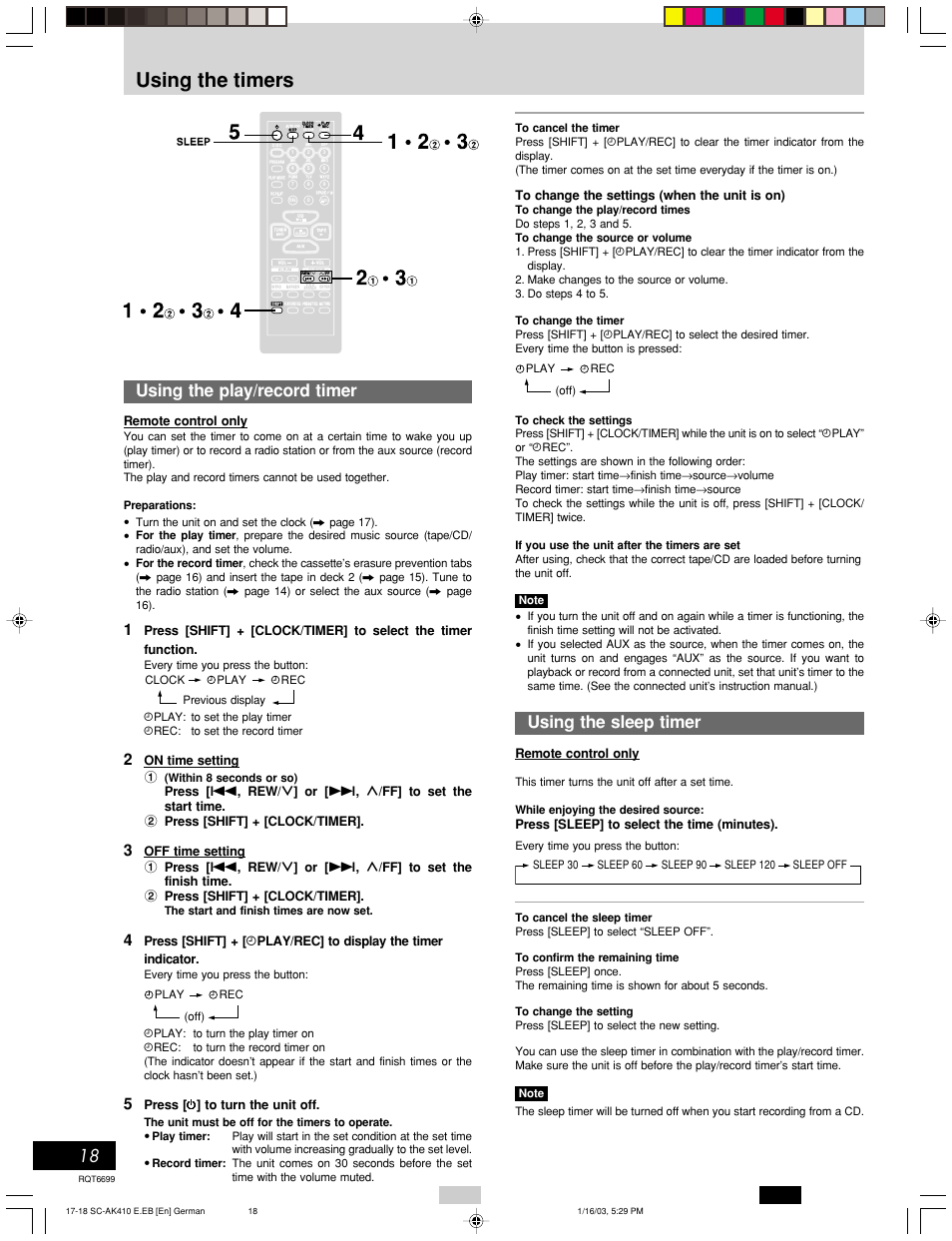 Using the timers, Using the sleep timer, Using the play/record timer | Timer operations, Remote control only, Press [sleep] to select the time (minutes), On time setting 1 | Panasonic SC-AK410 User Manual | Page 18 / 20