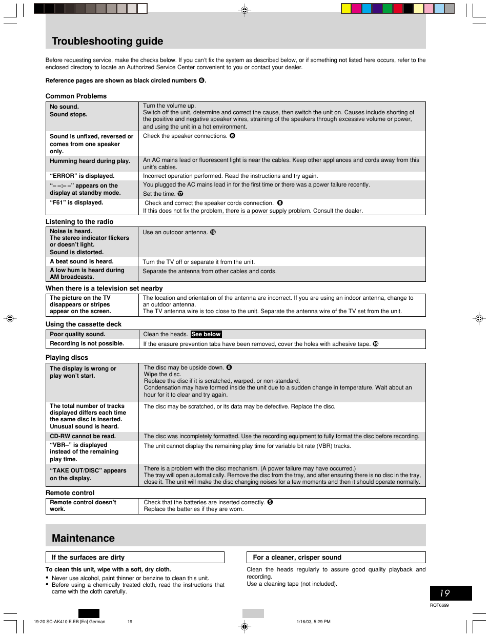 Troubleshooting guide, Maintenance | Panasonic SC-AK410 User Manual | Page 19 / 20