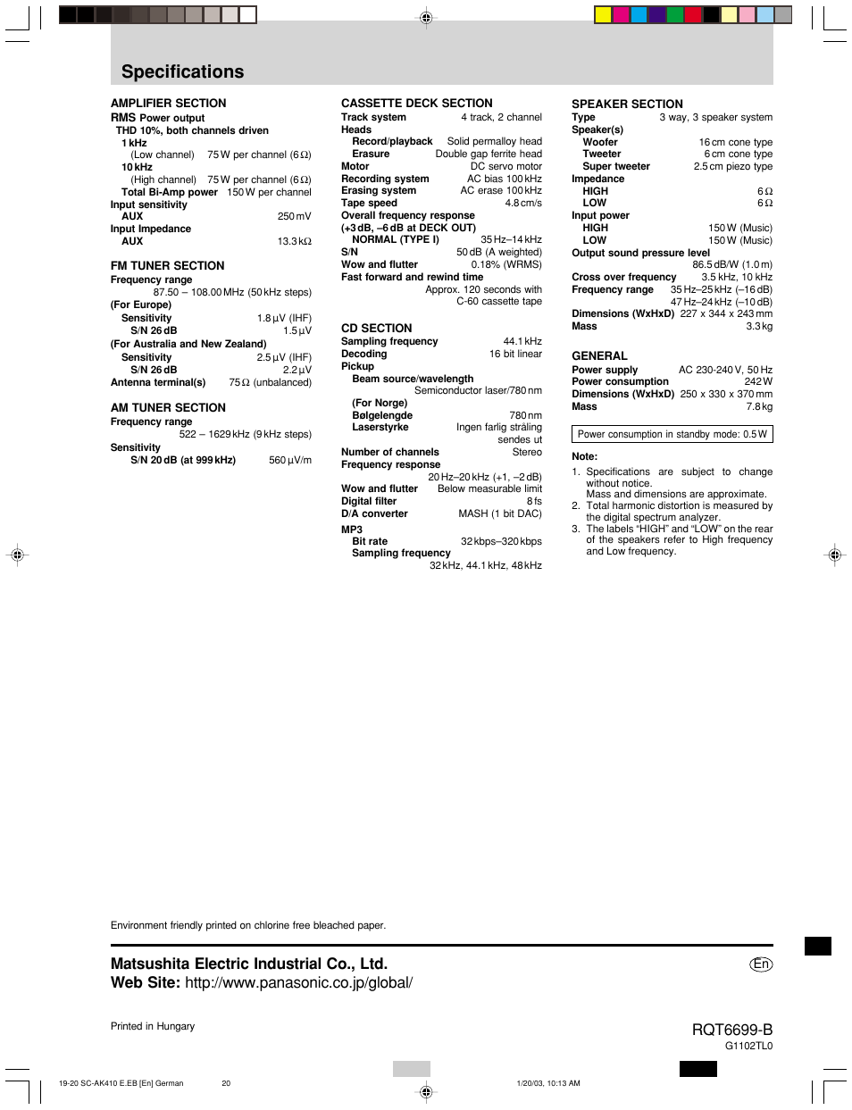 Specifications, Rqt6699-b | Panasonic SC-AK410 User Manual | Page 20 / 20