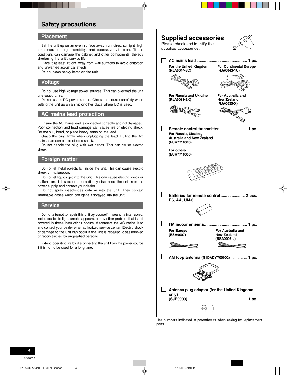Supplied accessories, Safety precautions, Placement | Voltage, Ac mains lead protection, Foreign matter, Service | Panasonic SC-AK410 User Manual | Page 4 / 20